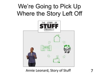 We’re Going to Pick Up
Where the Story Left Off
7Annie Leonard, Story of Stuff
 