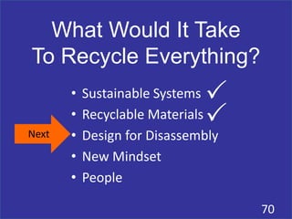 What Would It Take
To Recycle Everything?
70
Next
• Sustainable Systems
• Recyclable Materials
• Design for Disassembly
• New Mindset
• People
P
P
 