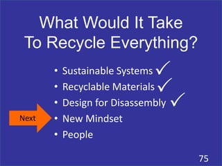 What Would It Take
To Recycle Everything?
75
Next
• Sustainable Systems
• Recyclable Materials
• Design for Disassembly
• New Mindset
• People
P
P
P
 