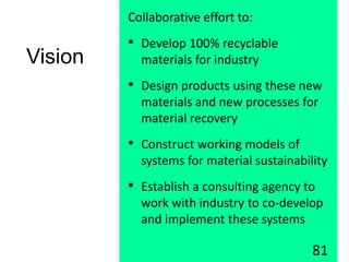 Vision
Collaborative effort to:
• Develop 100% recyclable
materials for industry
• Design products using these new
materials and new processes for
material recovery
• Construct working models of
systems for material sustainability
• Establish a consulting agency to
work with industry to co-develop
and implement these systems
81
 