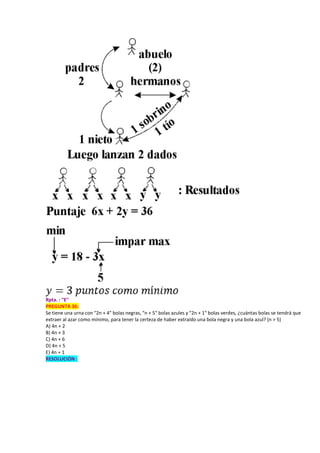 Rpta. : "E"
PREGUNTA 36:
Se tiene una urna con "2n + 4" bolas negras, "n + 5" bolas azules y "2n + 1" bolas verdes, ¿cuántas bolas se tendrá que
extraer al azar como mínimo, para tener la certeza de haber extraído una bola negra y una bola azul? (n > 5)
A) 4n + 2
B) 4n + 3
C) 4n + 6
D) 4n + 5
E) 4n + 1
RESOLUCIÓN :
 