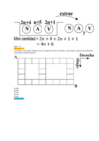 Rpta. : "C"
PREGUNTA 37:
En la figura, recorriendo solamente por los segmentos, hacia la derecha o hacia abajo, ¿cuántas rutas diferentes
existen para ir desde A hasta B?
A) 160
B) 164
C) 174
D) 171
E) 182
RESOLUCIÓN :
 