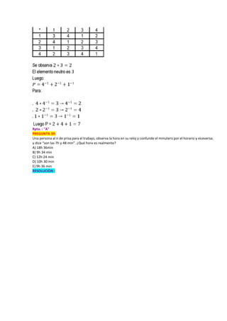 Rpta. : "A"
PREGUNTA 39:
Una persona al ir de prisa para el trabajo, observa la hora en su reloj y confunde el minutero por el horario y viceversa;
y dice “son las 7h y 48 min”. ¿Qué hora es realmente?
A) 18h 36min
B) 9h 34 min
C) 12h 24 min
D) 10h 30 min
E) 9h 36 min
RESOLUCIÓN :
 
