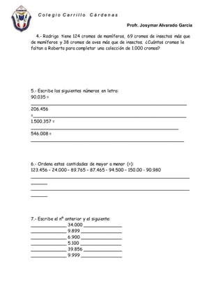 Profr. Josymar Alvarado García
C o l e g i o C a r r i l l o C á r d e n a s
4.- Rodrigo tiene 124 cromos de mamíferos, 69 cromos de insectos más que
de mamíferos y 38 cromos de aves más que de insectos. ¿Cuántos cromos le
faltan a Roberto para completar una colección de 1.000 cromos?
5.- Escribe los siguientes números en letra:
90.035 =
_________________________________________________________
206.456
=________________________________________________________
1.500.357 =
______________________________________________________
546.008 =
________________________________________________________
6.- Ordena estas cantidades de mayor a menor (>):
123.456 – 24.000 – 89.765 – 87.465 – 94.500 – 150.00 - 90.980
__________________________________________________________
______
__________________________________________________________
______
7.- Escribe el nº anterior y el siguiente:
_____________ 34.000 ______________
_____________ 9.899 _______________
_____________ 6.900 _______________
_____________ 5.100 _______________
_____________ 39.856 ______________
_____________ 9.999 _______________
 