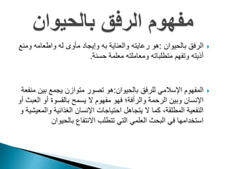 ‫بالحيوان‬ ‫الرفق‬:‫وم‬ ‫واطعامه‬ ‫له‬ ‫مأوى‬ ‫وإيجاد‬ ‫به‬ ‫والعناية‬ ‫رعايته‬ ‫هو‬‫نع‬
‫حسنة‬ ‫معلمة‬ ‫ومعاملته‬ ‫متطلباته‬ ‫وتفهم‬ ‫أذيته‬.
‫للرفق‬ ‫اإلسالمي‬ ‫المفهوم‬‫بالحيوان‬:‫هو‬‫م‬ ‫بين‬ ‫يجمع‬ ‫متوازن‬ ‫تصور‬‫نفعة‬
‫ال‬ ‫أو‬ ‫بالقسوة‬ ‫يسمح‬ ‫ال‬ ‫مفهوم‬ ‫فهو‬ ‫والرأفة؛‬ ‫الرحمة‬ ‫وبين‬ ‫اإلنسان‬‫أو‬ ‫عبث‬
‫والم‬ ‫الغذائية‬ ‫اإلنسان‬ ‫احتياجات‬ ‫يتجاهل‬ ‫ال‬ ‫كما‬ ،‫المطلقة‬ ‫النفعية‬‫و‬ ‫عيشية‬
‫بالحيوان‬ ‫االنتفاع‬ ‫تتطلب‬ ‫التي‬ ‫العلمي‬ ‫البحث‬ ‫في‬ ‫استخدامها‬
 