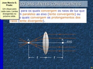 FOCO DAS LENTES CONVERGENTES Pontos para os quais  convergem  os raios de luz que  chegam  paralelos  ao eixo ( lente convergente ) ou para os quais  convergem  os  prolongamentos dos raios  ( lente divergente ). Joao Marcio G. Prado: Um clique para cada caso. Lentes divergentes no próximo slide. EIXO F 1 f F 1 F 2 EIXO f f EIXO F 2 F 1 