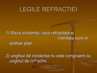 LEGILE REFRACTIEILEGILE REFRACTIEI
1) Raza incidenta, raza refractata si1) Raza incidenta, raza refractata si
normala sunt innormala sunt in
acelasi plan.acelasi plan.
2) unghiul de incidenta nu este congruent cu2) unghiul de incidenta nu este congruent cu
unghiul de refractie.unghiul de refractie.
21
1
2
sin
sin
n
n
n
r
i
==
 