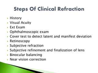  History
 Visual Acuity
 Ext Exam
 Ophthalmoscopic exam
 Cover test to detect latent and manifest deviation
 Retinoscopy
 Subjective refraction
 Subjective refinement and finalization of lens
 Binocular balancing
 Near vision correction
 