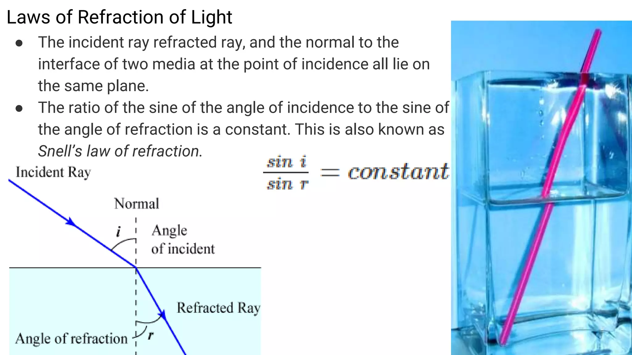 Laws of Refraction of Light
● The incident ray refracted ray, and the normal to the
interface of two media at the point of incidence all lie on
the same plane.
● The ratio of the sine of the angle of incidence to the sine of
the angle of refraction is a constant. This is also known as
Snell’s law of refraction.
 