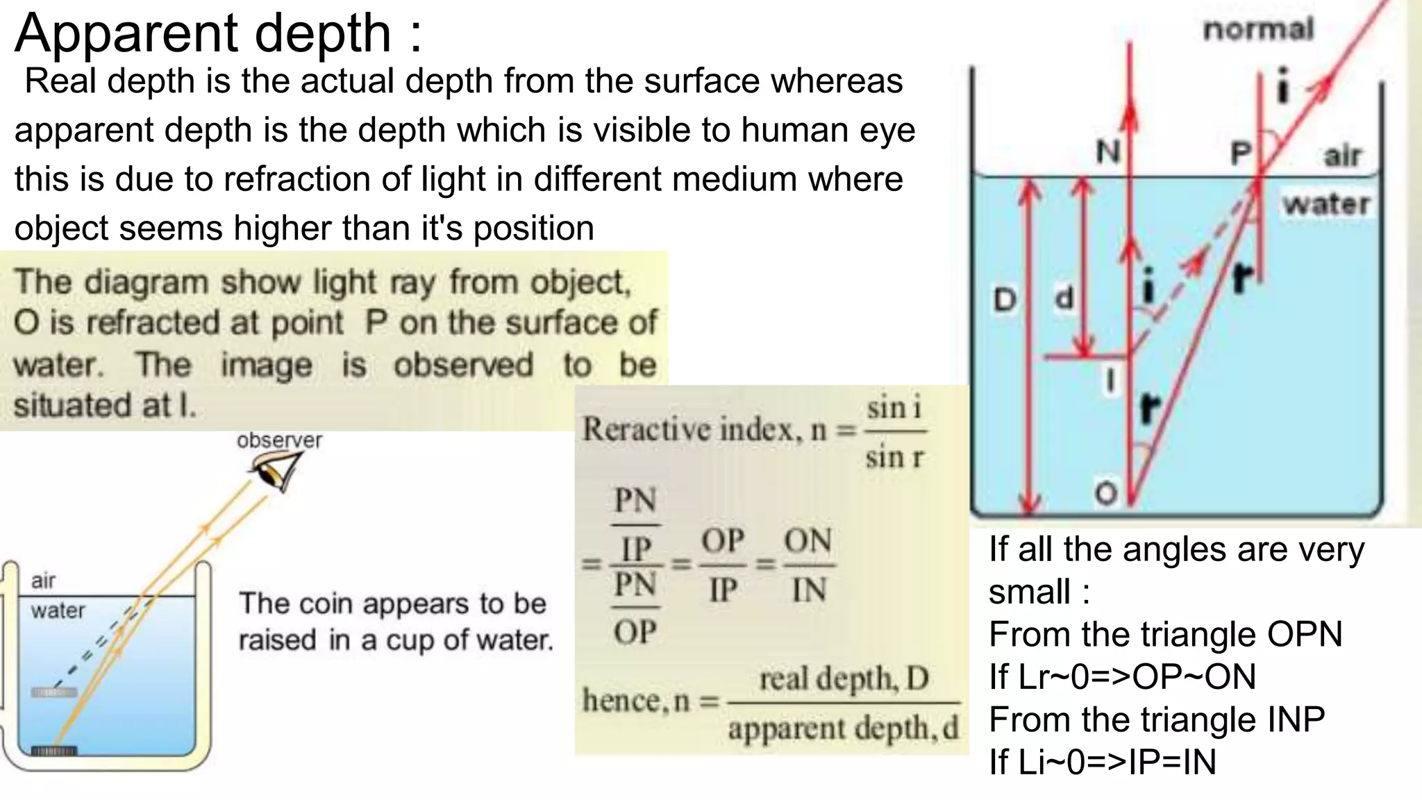 Apparent depth :
Real depth is the actual depth from the surface whereas
apparent depth is the depth which is visible to human eye
this is due to refraction of light in different medium where
object seems higher than it's position
If all the angles are very
small :
From the triangle OPN
If Lr~0=>OP~ON
From the triangle INP
If Li~0=>IP=IN
 