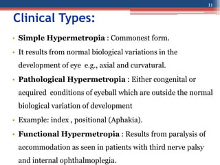 Clinical Types:
• Simple Hypermetropia : Commonest form.
• It results from normal biological variations in the
development of eye e.g., axial and curvatural.
• Pathological Hypermetropia : Either congenital or
acquired conditions of eyeball which are outside the normal
biological variation of development
• Example: index , positional (Aphakia).
• Functional Hypermetropia : Results from paralysis of
accommodation as seen in patients with third nerve palsy
and internal ophthalmoplegia.
11
 