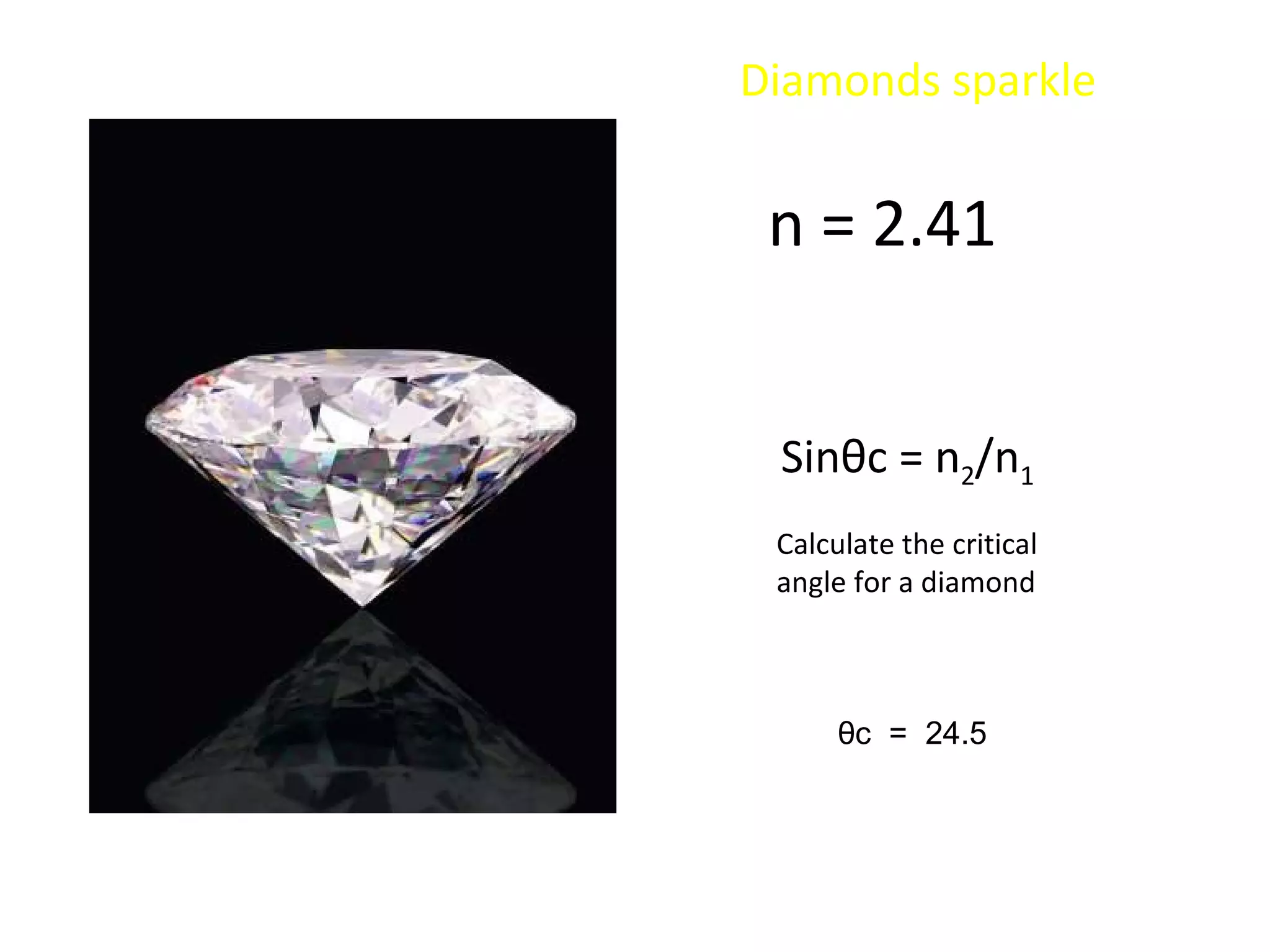 n = 2.41 Diamonds sparkle  Calculate the critical angle for a diamond Sin θ c = n 2 /n 1 θ c  =  24.5 