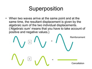 Superposition When two waves arrive at the same point and at the same time, the resultant displacement is given by the algebraic sum of the two individual displacements. (‘Algebraic sum’ means that you have to take account of positive and negative values.)  + + = = Reinforcement Cancellation 