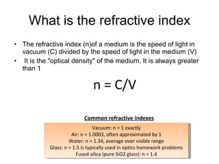 What is the refractive index The refractive index (n)of a medium is the speed of light in vacuum (C) divided by the speed of light in the medium (V) It is the "optical density" of the medium. It is always greater than 1 n = C/V Vacuum: n = 1 exactly Air: n = 1.0003, often approximated by 1 Water: n = 1.34, average over visible range Glass: n = 1.5 is typically used in optics homework problems Fused silica (pure SiO2 glass): n = 1.4 Common refractive indexes 