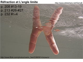 http://www.flickr.com/photos/jenny-pics/2872292856/ http://www.slideshare.net/GerryB p. 208 #13-19 p. 213 #26-#27 p. 232 #1-4 R é fraction et L'angle limite http://www.flickr.com/photos/metrix_feet/53865814/sizes/o/ 
