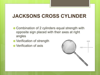 JACKSONS CROSS CYLINDER
 Combination of 2 cylinders equal strength with
opposite sign placed with their axes at right
angles
 Verification of strength
 Verification of axis
 
