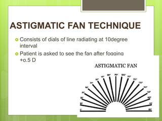 ASTIGMATIC FAN TECHNIQUE
 Consists of dials of line radiating at 10degree
interval
 Patient is asked to see the fan after fogging
+o.5 D
 