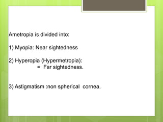 Ametropia is divided into:
1) Myopia: Near sightedness
2) Hyperopia (Hypermetropia):
= Far sightedness.
3) Astigmatism :non spherical cornea.
 