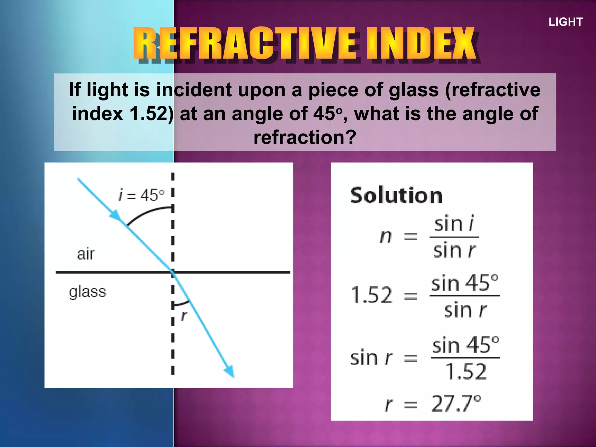 LIGHT
If light is incident upon a piece of glass (refractive
index 1.52) at an angle of 45o
, what is the angle of
refraction?
 