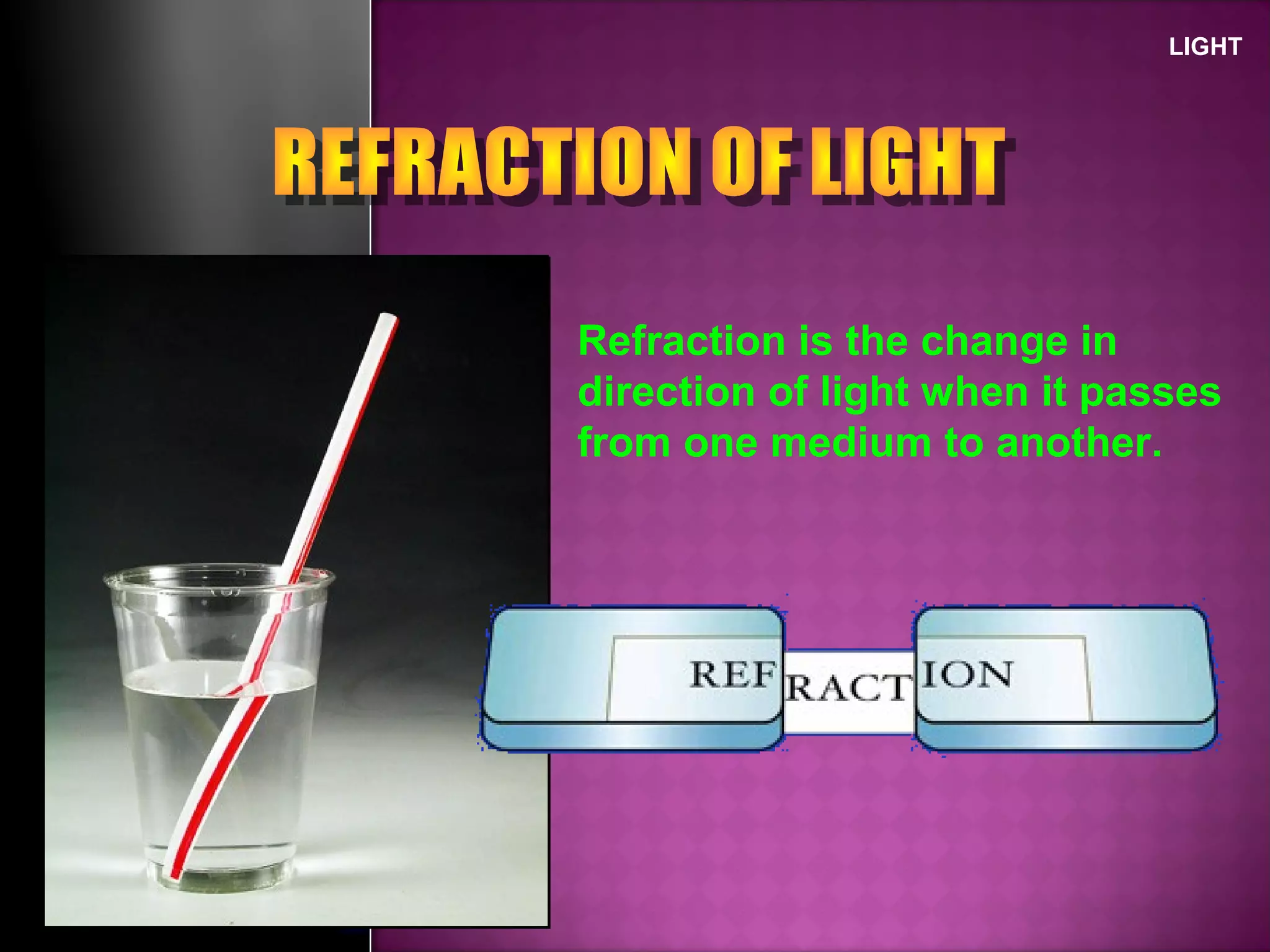 LIGHT
Refraction is the change in
direction of light when it passes
from one medium to another.
 