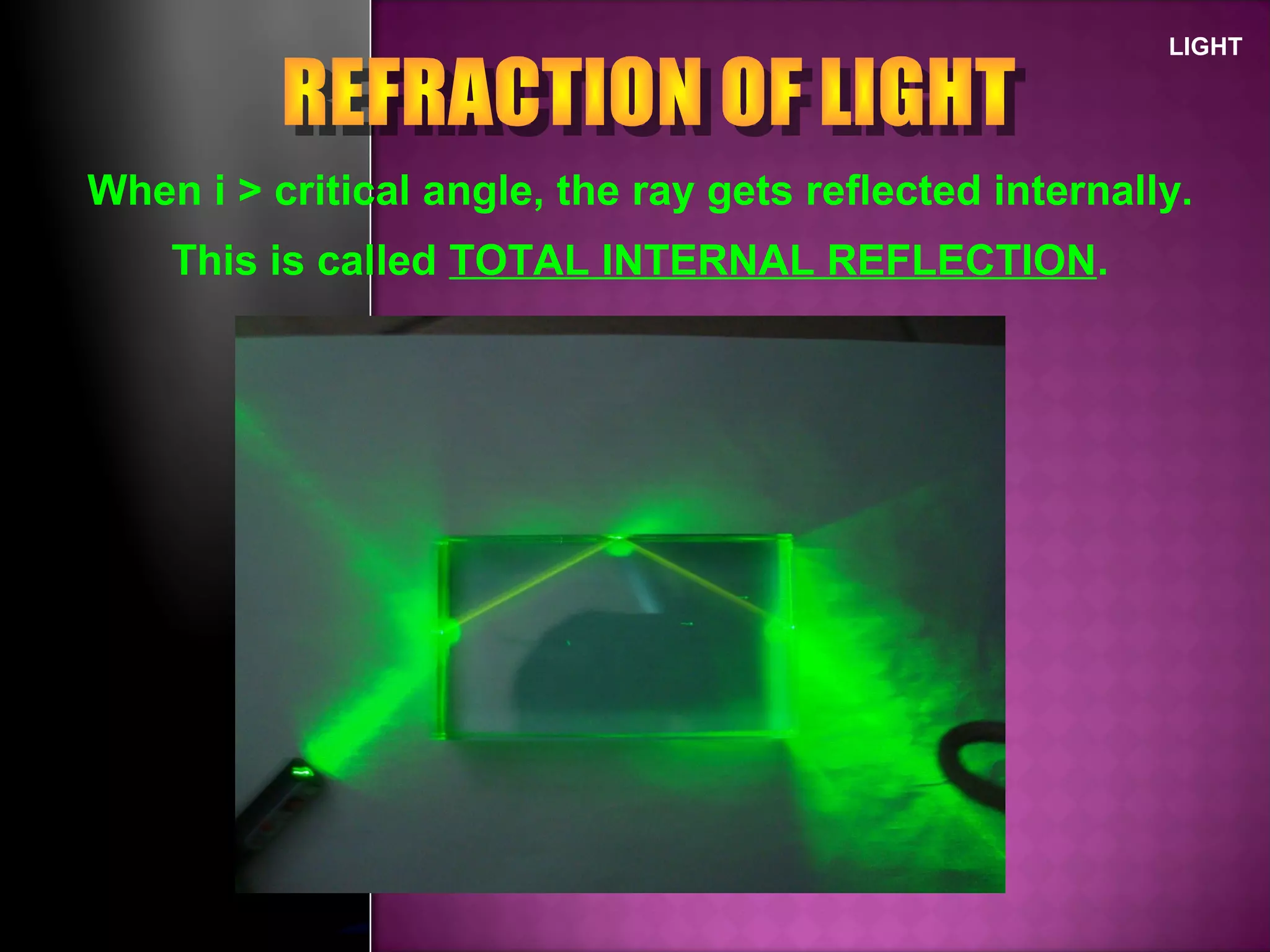 LIGHT
This is called TOTAL INTERNAL REFLECTION.
When i > critical angle, the ray gets reflected internally.
 