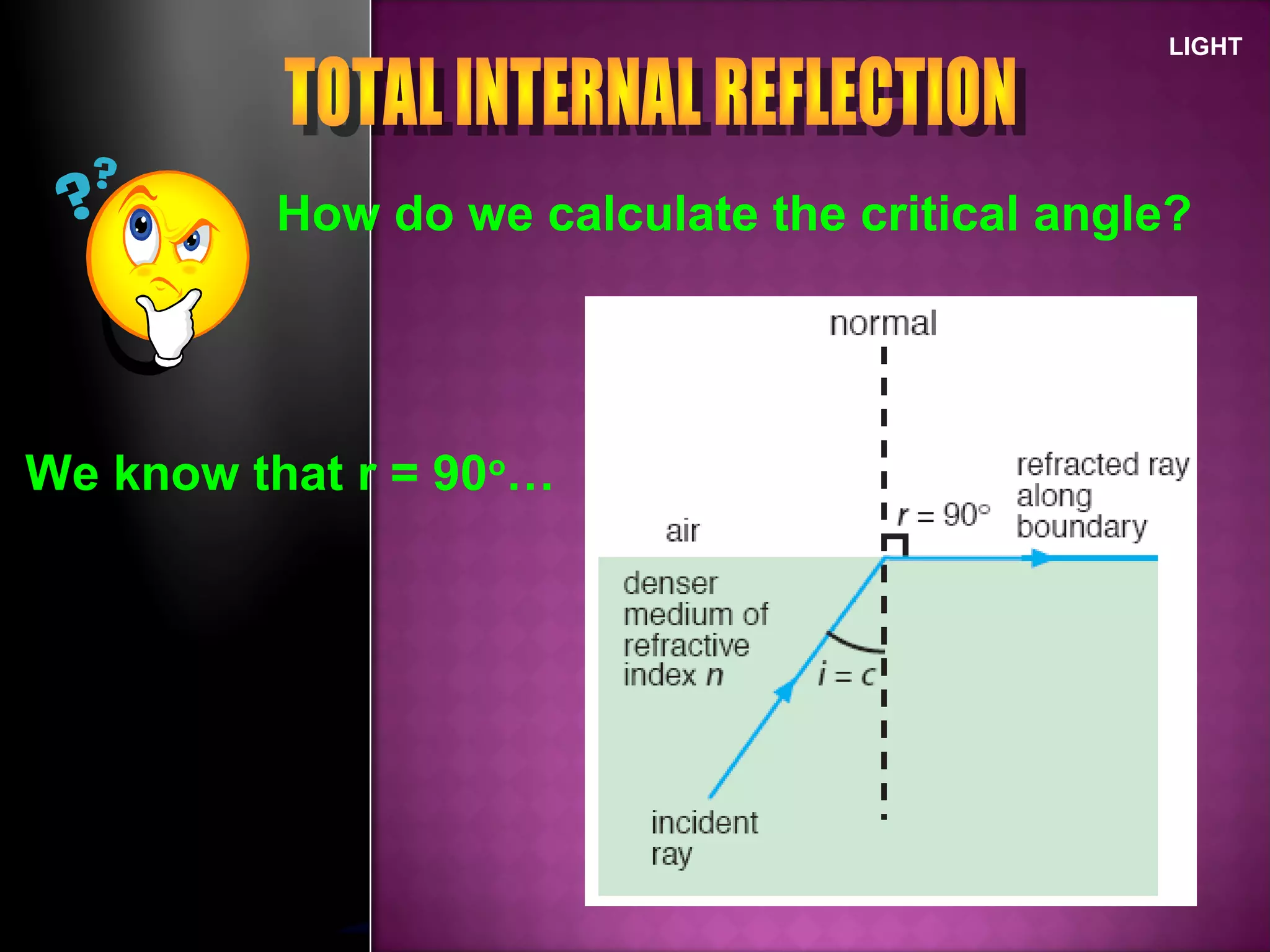 LIGHT
How do we calculate the critical angle?
We know that r = 90o
…
 