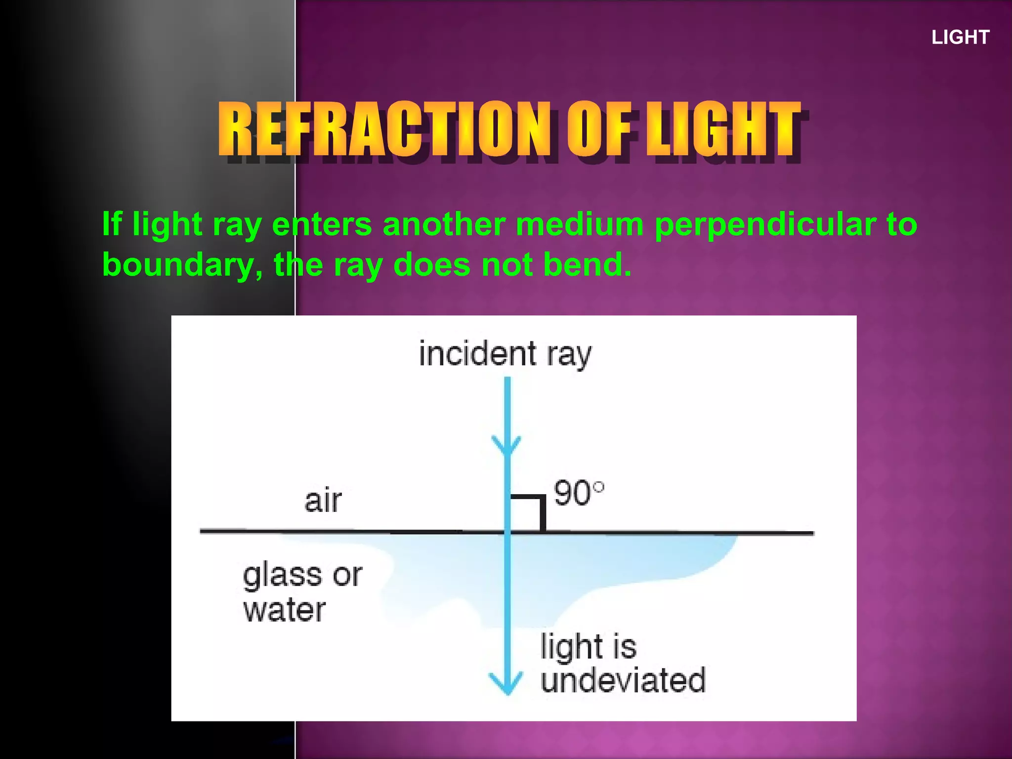 LIGHT
If light ray enters another medium perpendicular to
boundary, the ray does not bend.
 