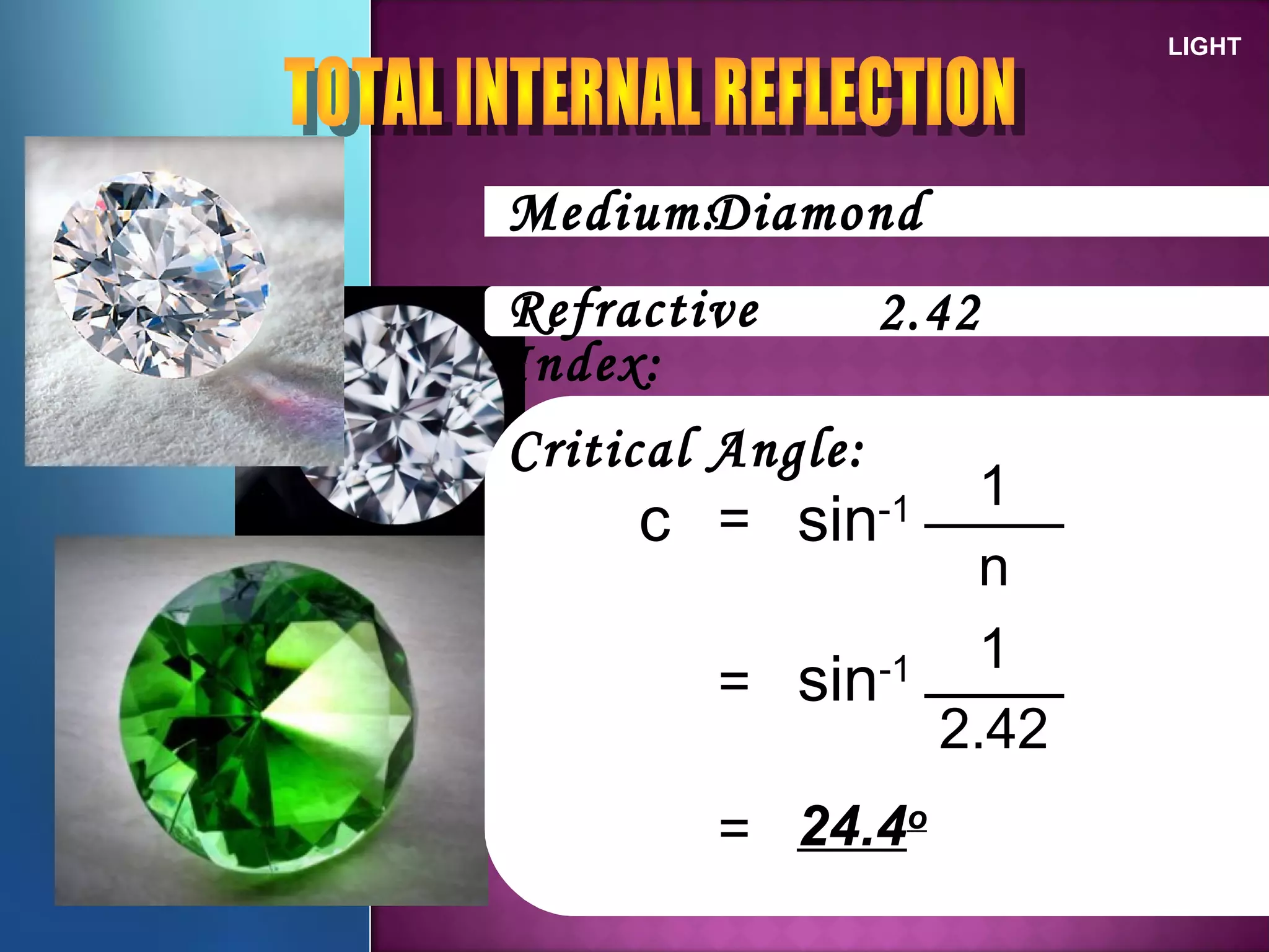 LIGHT
Medium:
Refractive
Index:
Critical Angle:
=c sin-1
n
1
Diamond
2.42
= sin-1
2.42
1
= 24.4o
 