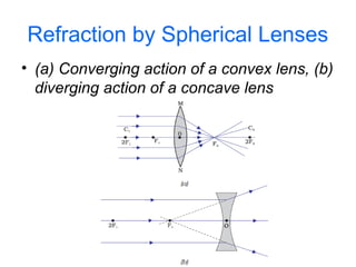 Refraction by Spherical Lenses
• (a) Converging action of a convex lens, (b)
diverging action of a concave lens
 