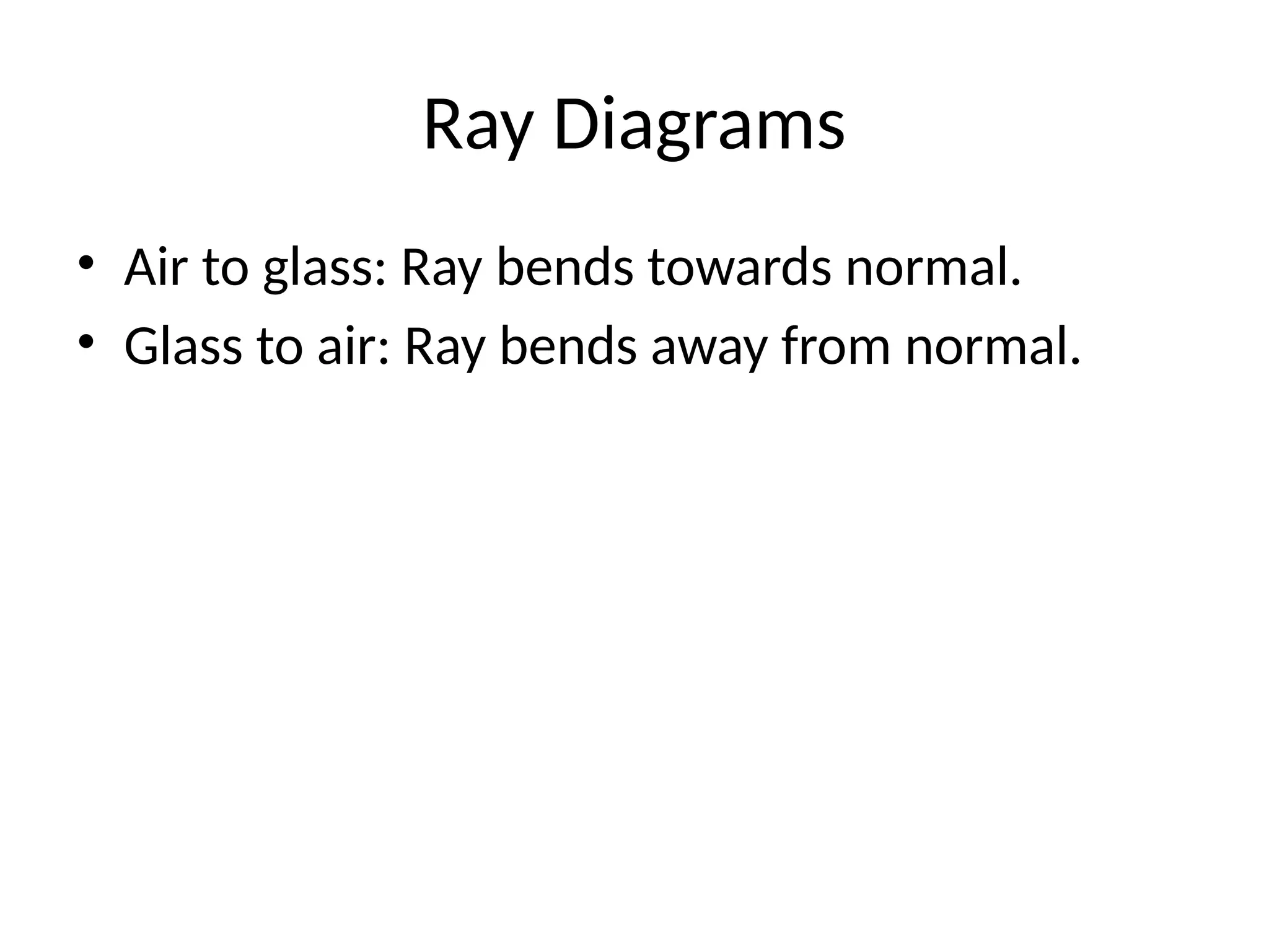 Ray Diagrams
• Air to glass: Ray bends towards normal.
• Glass to air: Ray bends away from normal.
 