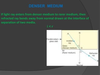 DENSER MEDIUM
If light ray enters from denser medium to rarer medium, then
refracted ray bends away from normal drawn at the interface of
separation of two media.
i < r
 