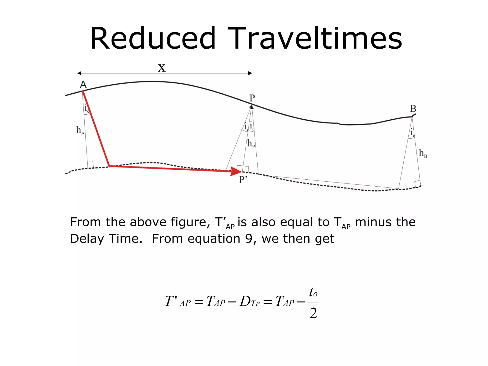 Reduced Traveltimes
              x




From the above figure, T’AP is also equal to TAP minus the
Delay Time. From equation 9, we then get



                                            to
               T ' AP = TAP − DTP = TAP −
                                            2
 