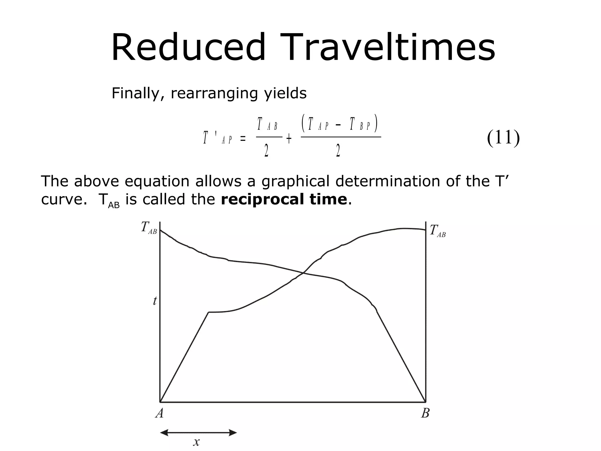 Reduced Traveltimes
         Finally, rearranging yields

                                T   AB       (T AP − T BP )
                     T ' AP =            +                    (11)
                                    2              2
The above equation allows a graphical determination of the T’
curve. TAB is called the reciprocal time.
 