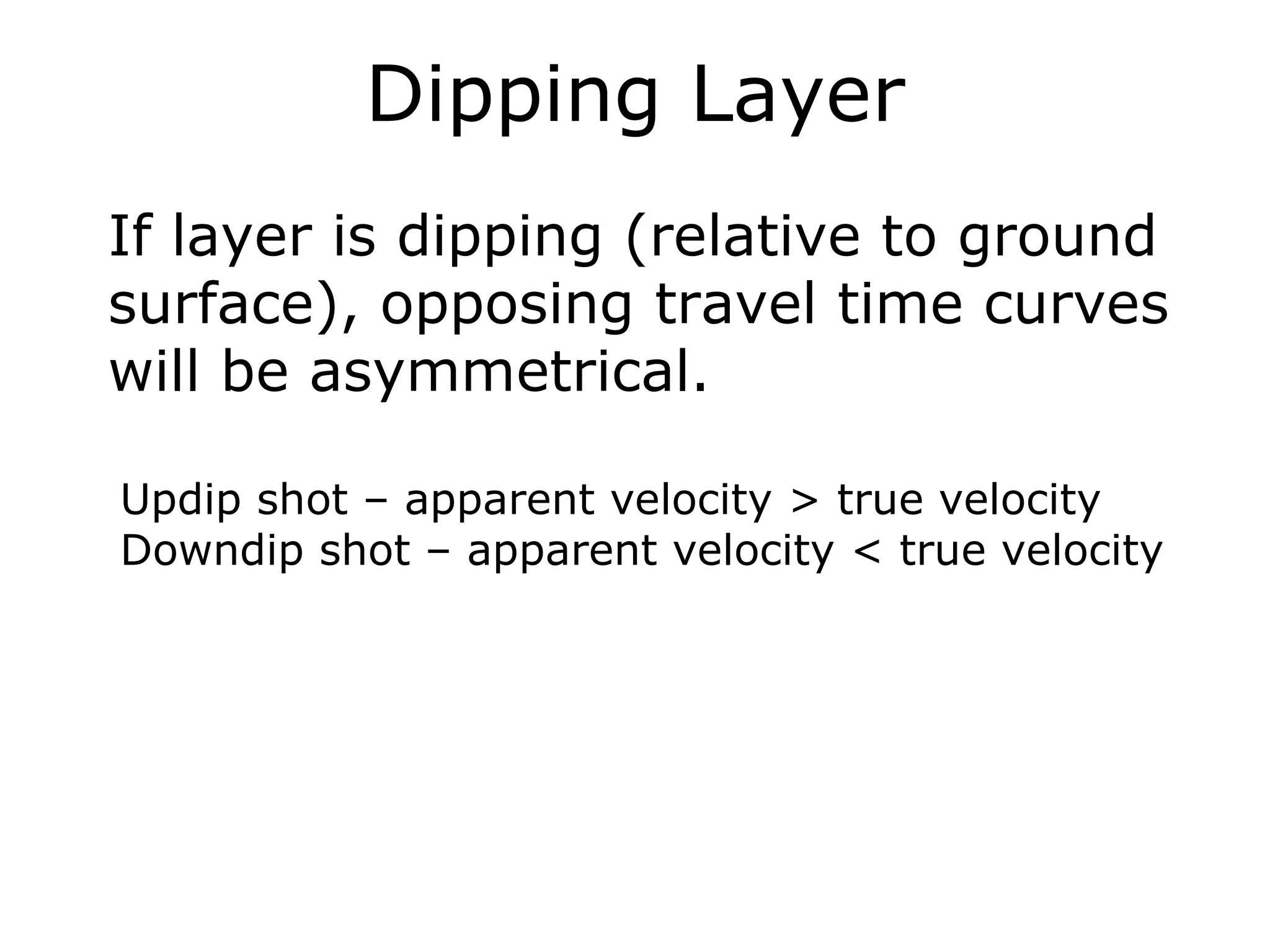 Dipping Layer
If layer is dipping (relative to ground
surface), opposing travel time curves
will be asymmetrical.

Updip shot – apparent velocity > true velocity
Downdip shot – apparent velocity < true velocity
 