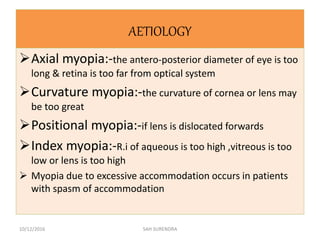 AETIOLOGY
Axial myopia:-the antero-posterior diameter of eye is too
long & retina is too far from optical system
Curvature myopia:-the curvature of cornea or lens may
be too great
Positional myopia:-if lens is dislocated forwards
Index myopia:-R.i of aqueous is too high ,vitreous is too
low or lens is too high
 Myopia due to excessive accommodation occurs in patients
with spasm of accommodation
10/12/2016 SAH SURENDRA
 