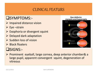 CLINICAL FEATURS
SYMPTOMS:-
 Impaired distance vision
 Eye –strain
 Exophoria or divergent squint
 Delayed dark adaptation
 Sudden loss of vision
 Black floaters
SIGNS:-
 Prominent eyeball, large cornea, deep anterior chamber& a
large pupil, apparent convergent squint, degeneration of
vitreous
10/12/2016 SAH SURENDRA
 