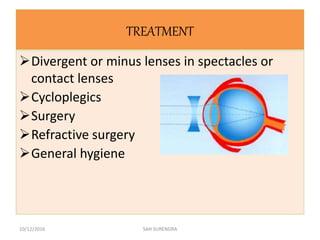 TREATMENT
Divergent or minus lenses in spectacles or
contact lenses
Cycloplegics
Surgery
Refractive surgery
General hygiene
10/12/2016 SAH SURENDRA
 