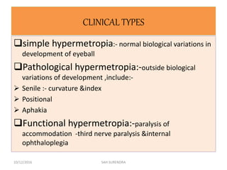CLINICAL TYPES
simple hypermetropia:- normal biological variations in
development of eyeball
Pathological hypermetropia:-outside biological
variations of development ,include:-
 Senile :- curvature &index
 Positional
 Aphakia
Functional hypermetropia:-paralysis of
accommodation -third nerve paralysis &internal
ophthaloplegia
10/12/2016 SAH SURENDRA
 
