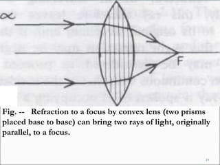 Fig. --  Refraction to a focus by convex lens (two prisms placed base to base) can bring two rays of light, originally parallel, to a focus. 