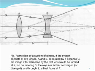 Fig. Refraction by a system of lenses. If the system consists of two lenses, A and B, separated by a distance G, the image after refraction by the first lens would be formed at  a,  but on meeting B, the rays are further converged (or diverged), and brought to a final focus at F. 