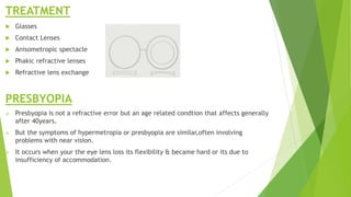 TREATMENT
 Glasses
 Contact Lenses
 Anisometropic spectacle
 Phakic refractive lenses
 Refractive lens exchange
PRESBYOPIA
 Presbyopia is not a refractive error but an age related condtion that affects generally
after 40years.
 But the symptoms of hypermetropia or presbyopia are similar,often involving
problems with near vision.
 It occurs when your the eye lens loss its flexibility & became hard or its due to
insufficiency of accommodation.
 