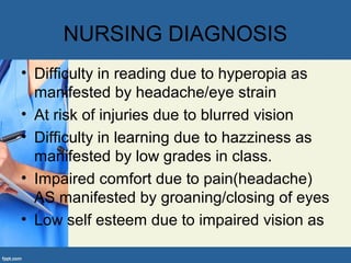 NURSING DIAGNOSIS
• Difficulty in reading due to hyperopia as
manifested by headache/eye strain
• At risk of injuries due to blurred vision
• Difficulty in learning due to hazziness as
manifested by low grades in class.
• Impaired comfort due to pain(headache)
AS manifested by groaning/closing of eyes
• Low self esteem due to impaired vision as
 
