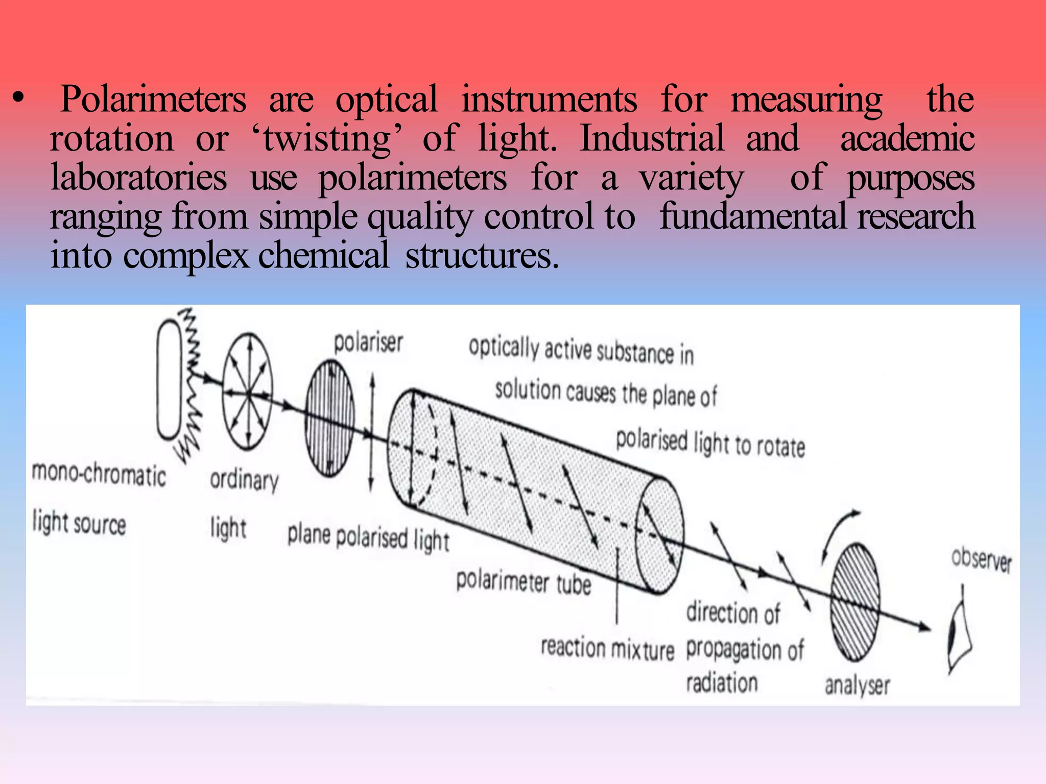 • Polarimeters are optical instruments for measuring the
rotation or ‘twisting’ of light. Industrial and academic
laboratories use polarimeters for a variety of purposes
ranging from simple quality control to fundamental research
into complex chemical structures.
 