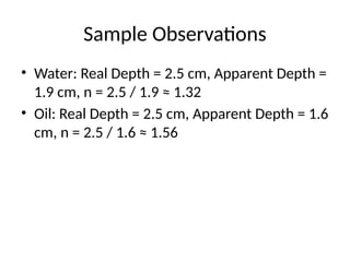Sample Observations
• Water: Real Depth = 2.5 cm, Apparent Depth =
1.9 cm, n = 2.5 / 1.9 ≈ 1.32
• Oil: Real Depth = 2.5 cm, Apparent Depth = 1.6
cm, n = 2.5 / 1.6 ≈ 1.56
 