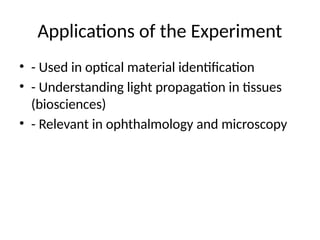 Applications of the Experiment
• - Used in optical material identification
• - Understanding light propagation in tissues
(biosciences)
• - Relevant in ophthalmology and microscopy
 