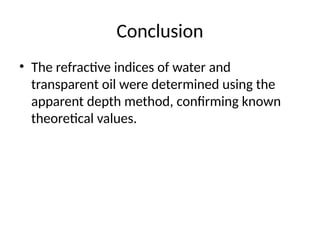 Conclusion
• The refractive indices of water and
transparent oil were determined using the
apparent depth method, confirming known
theoretical values.
 