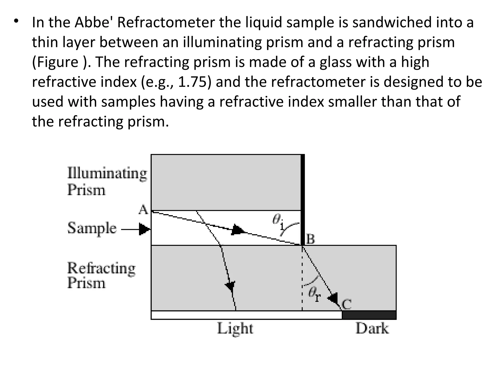 • In the Abbe' Refractometer the liquid sample is sandwiched into a
thin layer between an illuminating prism and a refracting prism
(Figure ). The refracting prism is made of a glass with a high
refractive index (e.g., 1.75) and the refractometer is designed to be
used with samples having a refractive index smaller than that of
the refracting prism.
 