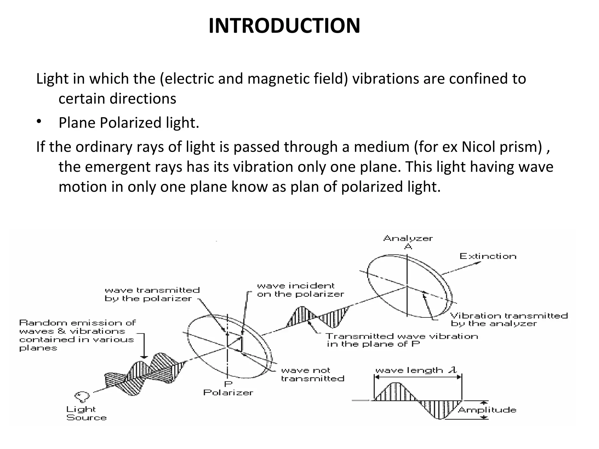 INTRODUCTION
Light in which the (electric and magnetic field) vibrations are confined to
certain directions
• Plane Polarized light.
If the ordinary rays of light is passed through a medium (for ex Nicol prism) ,
the emergent rays has its vibration only one plane. This light having wave
motion in only one plane know as plan of polarized light.
 
