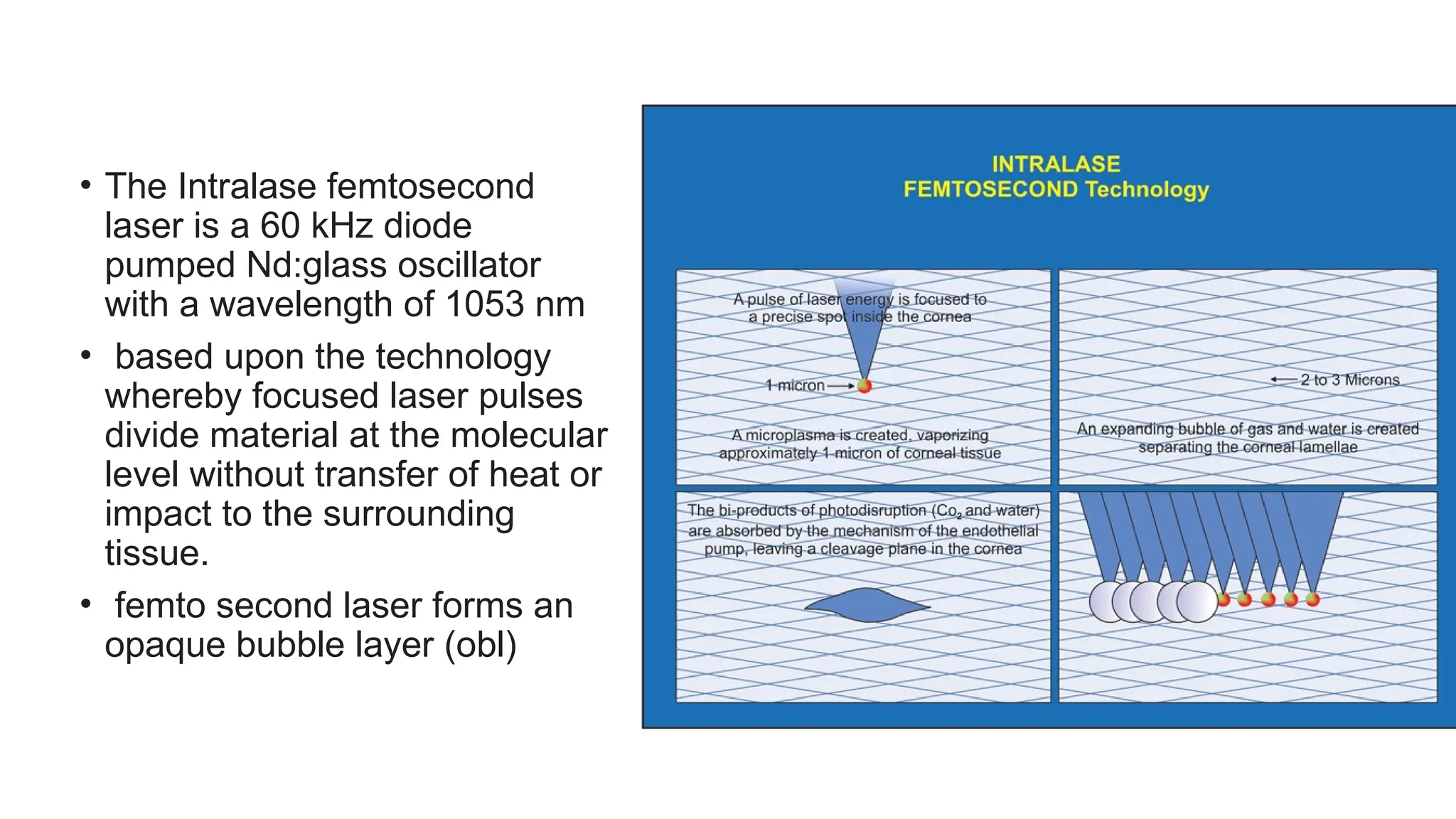 • The Intralase femtosecond
laser is a 60 kHz diode
pumped Nd:glass oscillator
with a wavelength of 1053 nm
• based upon the technology
whereby focused laser pulses
divide material at the molecular
level without transfer of heat or
impact to the surrounding
tissue.
• femto second laser forms an
opaque bubble layer (obl)
 