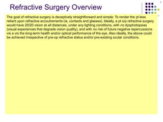 1
Refractive Surgery Overview
The goal of refractive surgery is deceptively straightforward and simple: To render the pt less
reliant upon refractive accoutrements (ie, contacts and glasses). Ideally, a pt s/p refractive surgery
would have 20/20 vision at all distances, under any lighting conditions, with no dysphotopsias
(visual experiences that degrade vision quality), and with no risk of future negative repercussions
vis a vis the long-term health and/or optical performance of the eye. Also ideally, the above could
be achieved irrespective of pre-op refractive status and/or pre-existing ocular conditions.
Current technology is unable to meet this lofty ideal, and thus refractive surgery necessitates
compromises and trade-offs; eg, If you had to pick one, would you rather be spectacle-free at
distance, or near? Would it be acceptable if you only needed glasses in dimly-lit restaurants?
How bothersome would haloes around lights at night be? Because some aspect of the pt’s post-op
visual life will be less than ideal, key to successful refractive surgery is 1) developing a solid
understanding of the pt’s visual preferences and requirements, and 2) communicating effectively
with the pt regarding what her post-op visual life will be; ie, establishing expectations that are
realistic and achievable. Further, the surgeon must have a refined eye (ahem) for recognizing pre-
existing ocular conditions that render the pt a poor surgical candidate (or increase the risk of
complications down the road).
Just as the goal of refractive surgery is simple, so too is its organization. Broadly speaking, there
are but two types of surgery: Corneal and intraocular. Corneal (aka keratorefractive) procedures
work by reshaping the cornea to offset the native refractive error of the eye; there are a plethora of
techniques and technologies for doing this. In contrast, intraocular procedures are more limited in
their variety: They involve either replacing the native lens with an IOL, or placing in the anterior
chamber an accessory IOL that offsets the eye’s native refractive error.
 